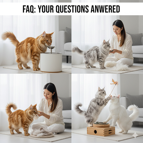 Chuỗi ảnh bốn khoảnh khắc chăm sóc mèo Mỹ lông dài, minh họa các câu hỏi thường gặp về ăn uống, grooming và vận động