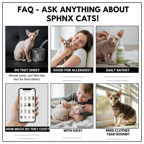 Sáu hình minh họa cho các câu hỏi thường gặp về mèo Sphynx như rụng lông, dị ứng, tắm rửa, giá, trẻ nhỏ và mặc áo