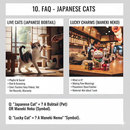 FAQ về mèo Nhật gồm Japanese Bobtail nuôi làm thú cưng và Maneki Neko mèo thần tài vẫy tay