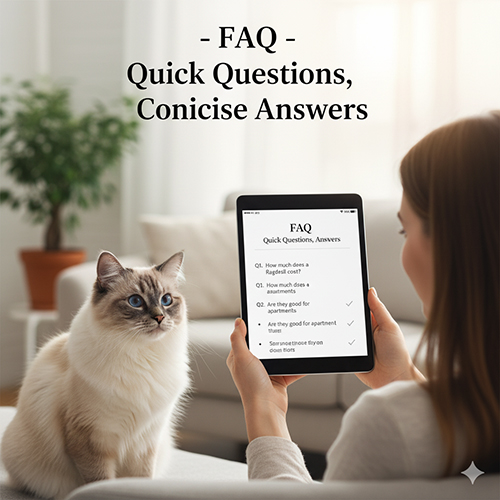 Người phụ nữ cầm tablet hiển thị mục FAQ trong khi mèo Ragdoll ngồi đối diện, minh họa phần hỏi nhanh đáp gọn.