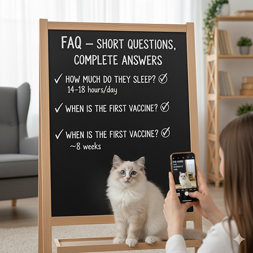 Mèo Ragdoll con ngồi trước bảng FAQ với các câu hỏi ngắn gọn và câu trả lời về chăm sóc