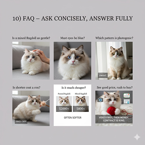 Ảnh minh họa các câu hỏi thường gặp về mèo Ragdoll lai: tính cách, màu mắt, pattern, coat ngắn, giá và lưu ý trước khi mua