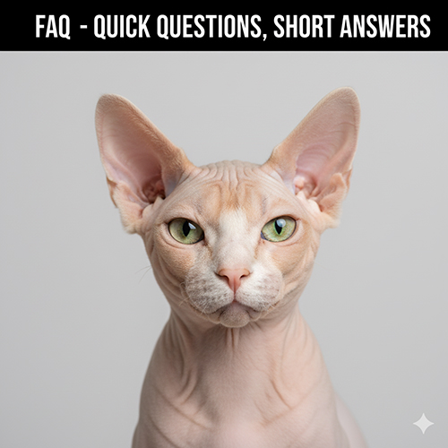 Ảnh cận mặt mèo không lông với đôi mắt xanh, dùng cho mục FAQ hỏi nhanh đáp gọn về mèo Sphynx chân ngắn