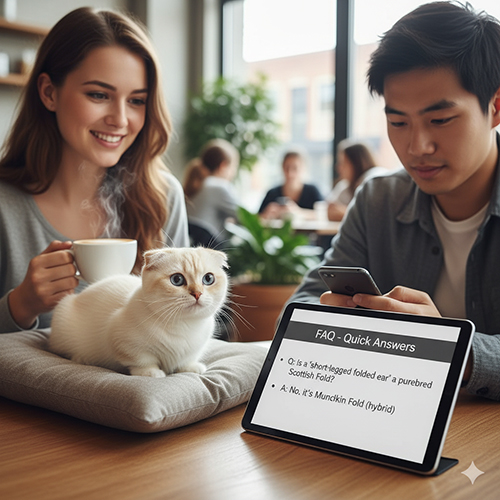 Cặp đôi đang ngồi quán cà phê xem phần hỏi đáp về mèo tai cụp chân ngắn trên máy tính bảng với chú mèo Munchkin Fold ngồi cạnh