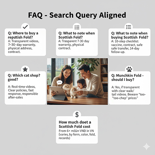 Bảng câu hỏi thường gặp về mèo Scottish Fold với phần trả lời ngắn gọn, minh họa gia đình đang chơi cùng mèo trong phòng khách