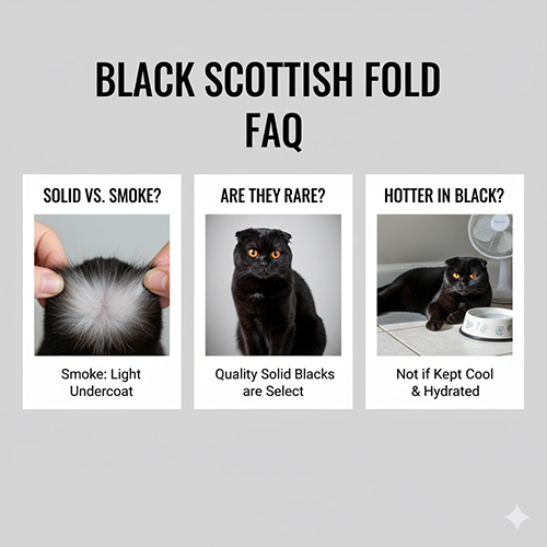 Bộ ảnh FAQ mèo tai cụp đen gồm 3 khung: kiểm undercoat phân biệt smoke, mèo đen ngồi nghiêm, mèo nằm gần quạt và chén nước