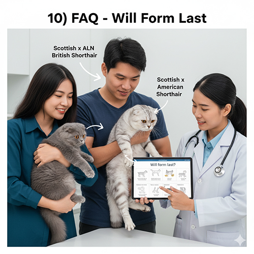 Bác sĩ thú y tư vấn cho cặp đôi đang bế hai bé mèo tai cụp lai, minh họa phần FAQ về việc form mèo lai có bền không, so sánh Scottish × ALN và Scottish × American Shorthair.