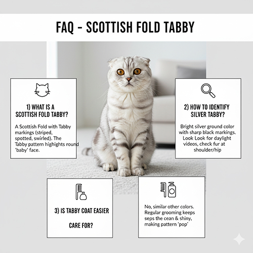 Infographic FAQ về Scottish Fold Tabby: mèo tai cụp ngồi giữa, ô hỏi đáp giải thích tabby là gì, cách nhận biết silver tabby và lưu ý chăm sóc lông.
