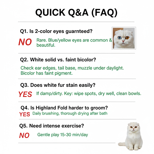 Bảng câu hỏi nhanh về mèo tai cụp trắng (Scottish Fold) kèm ảnh minh họa và câu trả lời ngắn gọn.