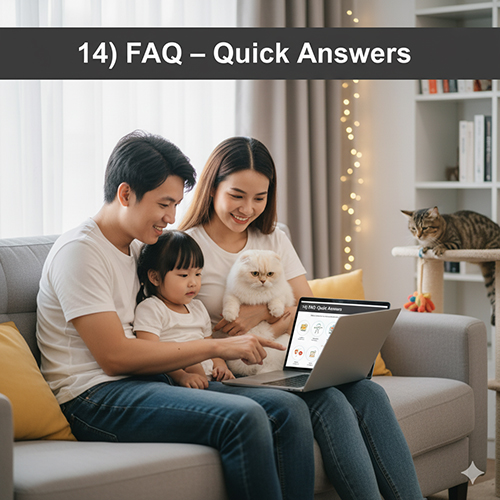 Gia đình trẻ ngồi trên sofa xem phần câu hỏi nhanh về mèo Scottish Fold trên laptop, vừa ôm mèo con, khung cảnh ấm cúng có mèo khác đang chơi bên cạnh