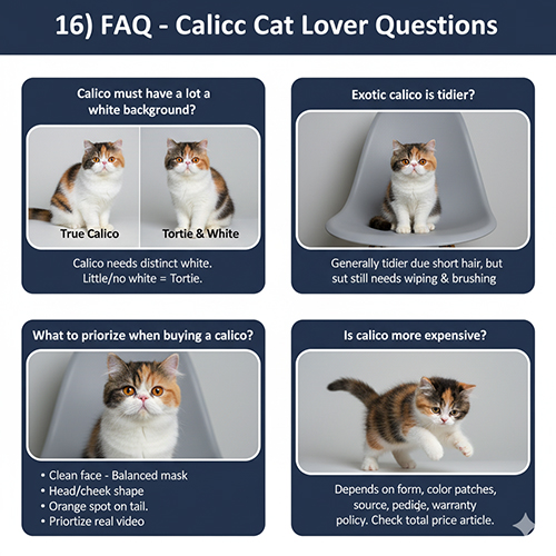 Bộ ảnh giải đáp câu hỏi về mèo Ba Tư tam thể gồm phân biệt calico và tortie, exotic gọn hơn, ưu tiên khi mua và giá