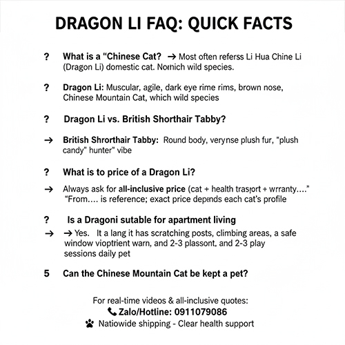 FAQ về mèo Trung Quốc Dragon Li gồm nhận diện giống, giá bán và khả năng nuôi căn hộ