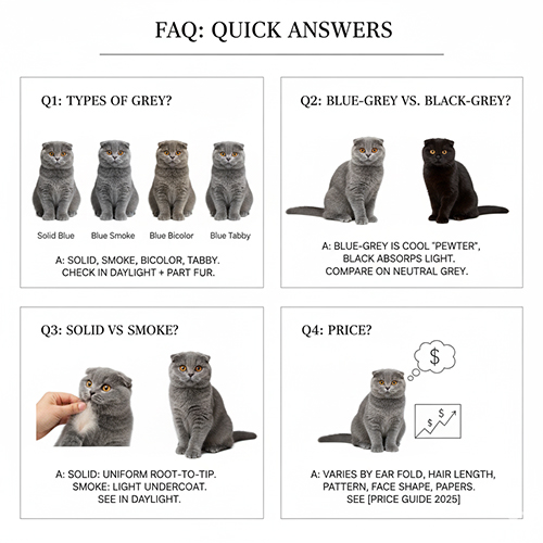 infographic faq nhanh về mèo scottish fold xám gồm kiểu xám solid smoke bicolor tabby so sánh xám xanh với đen cách phân biệt solid vs smoke và yếu tố ảnh hưởng giá
