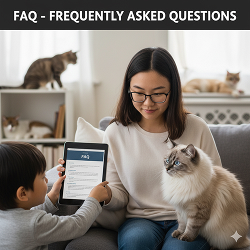 Người phụ nữ cùng bé trai xem bảng câu hỏi FAQ trên máy tính bảng, bên cạnh là mèo Xiêm lai lông dài đang ngồi trên ghế sofa.