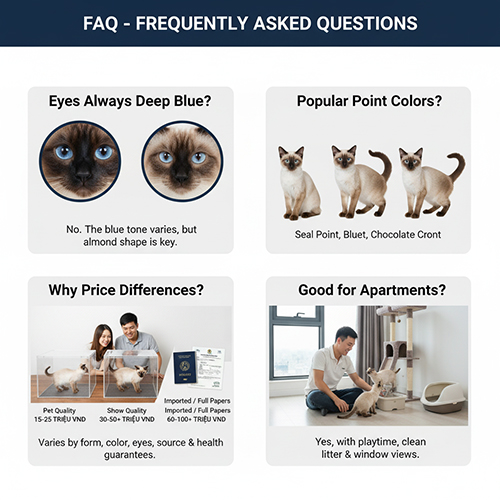 Câu hỏi thường gặp về mèo Xiêm thuần chủng – màu mắt, màu point, giá bán và khả năng sống trong căn hộ