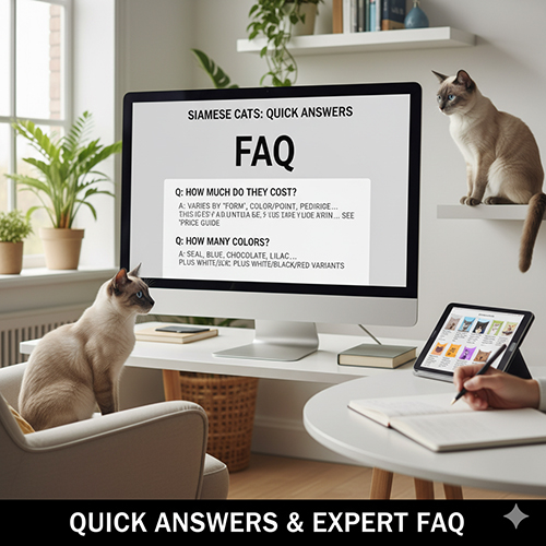 Hai mèo Xiêm ngồi trước màn hình máy tính hiển thị phần hỏi đáp nhanh về mèo Xiêm trong không gian làm việc sáng sủa