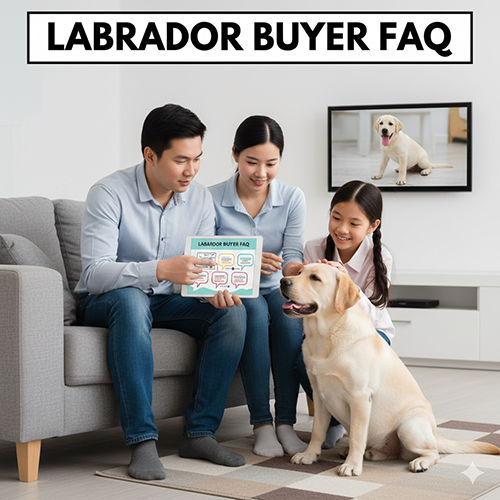 Gia đình ba người ngồi trên sofa đọc bảng FAQ về mua bán chó Labrador, bên cạnh là một chú Lab trưởng thành đang ngồi ngoan