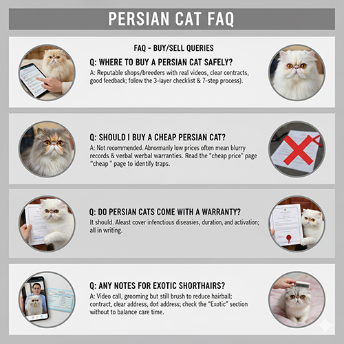 FAQ mua bán mèo Ba Tư: nơi mua an toàn, có nên mua giá rẻ, bảo hành, lưu ý mua online và dòng Exotic Shorthair.