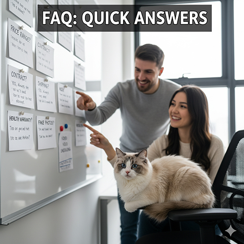 Cặp đôi đang xem bảng FAQ về mua bán mèo Ragdoll, bên cạnh là một bé Ragdoll ngồi trên ghế.