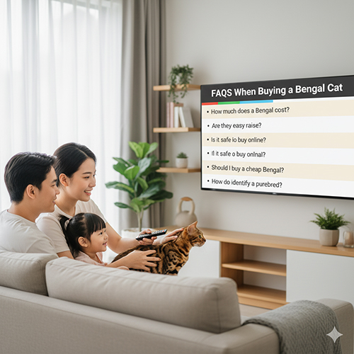 Gia đình xem danh sách câu hỏi thường gặp khi mua mèo Bengal trên màn hình TV trong phòng khách cùng mèo cưng