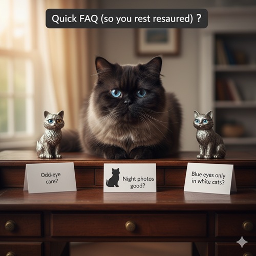 Mèo Ba Tư lông sẫm mắt xanh ngồi trên bàn gỗ, xung quanh là tượng mèo nhỏ và các tấm thẻ ghi câu hỏi về odd-eye, chụp tối và màu mắt xanh