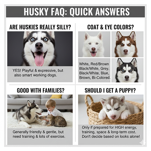 FAQ nhanh về hình chó Husky gồm biểu cảm ngáo, màu lông và khả năng nuôi