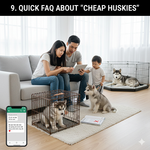Gia đình xem thông tin và hỏi đáp về chó Husky giá rẻ trước khi quyết định mua