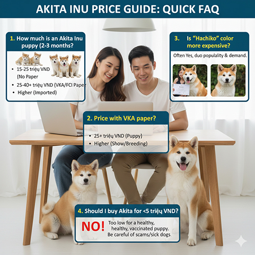 FAQ nhanh về giá chó Akita Inu với hình gia đình và hai bé Akita con