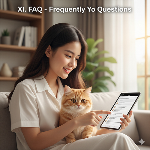 Cô gái ôm mèo Munchkin màu vàng cam xem máy tính bảng, minh họa mục FAQ về phối giống mèo trong phòng khách sáng.