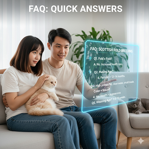 Cặp đôi ngồi trên ghế sofa cùng mèo Scottish Fold, đọc bảng FAQ ảo hiển thị câu hỏi và câu trả lời nhanh về phối giống mèo tai cụp