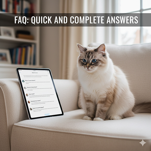 Mèo Ragdoll bicolor ngồi trên sofa cạnh máy tính bảng hiển thị danh sách câu hỏi FAQ