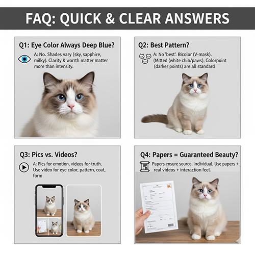 Bộ ảnh FAQ minh họa các câu hỏi về mắt xanh, pattern, ảnh vs video và giấy tờ khi chọn mèo Ragdoll