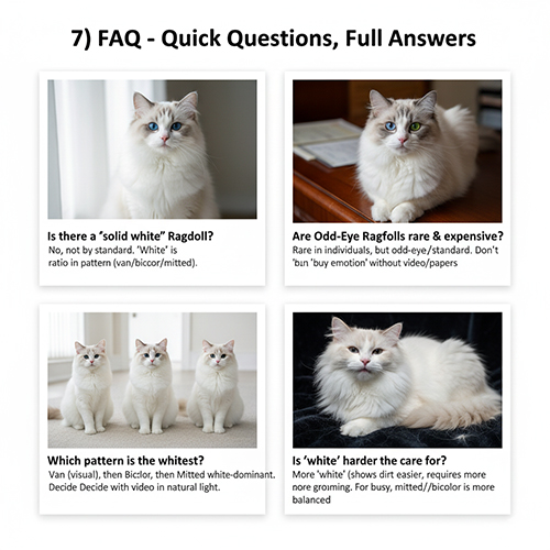 Bộ ảnh FAQ về mèo Ragdoll trắng, gồm các câu hỏi phổ biến như solid white, odd-eye, pattern trắng nhất và độ khó chăm.