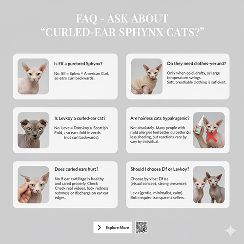 Bảng FAQ minh họa các câu hỏi về Elf và Levkoy như thuần chủng, tai xoắn, dị ứng và cần mặc áo quanh năm.