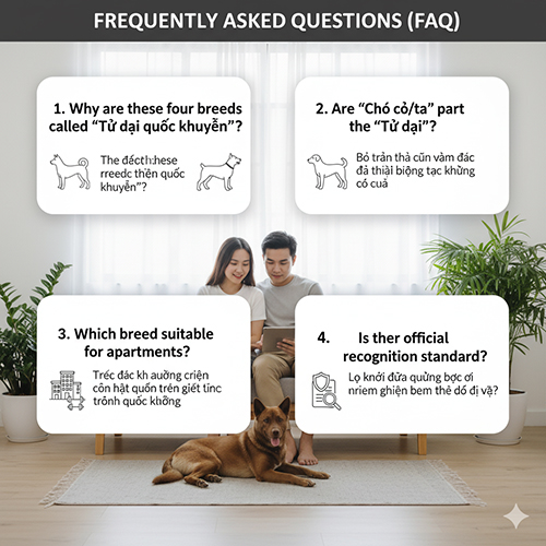 Cặp đôi Việt ngồi trong căn hộ cùng chú chó Phú Quốc, phía trên là khung câu hỏi thường gặp về “Tứ đại quốc khuyển Việt Nam” – tổng hợp thắc mắc phổ biến và giải đáp chi tiết 🇻🇳🐕