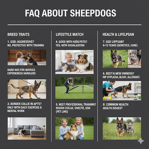 Ảnh tổng hợp các câu hỏi thường gặp về chó chăn cừu, từ tính cách, lối sống phù hợp đến sức khỏe và tuổi thọ