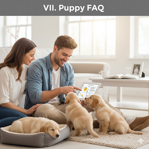 Cặp đôi trẻ ngồi trong phòng khách cùng ba chó con Golden Retriever, xem hướng dẫn chăm sóc trên máy tính bảng – minh họa phần FAQ về chó con.