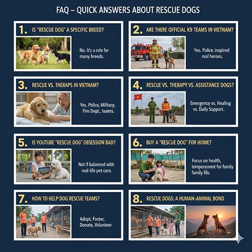 Hình tổng hợp các câu hỏi thường gặp về chó cứu hộ và đội cứu hộ chó