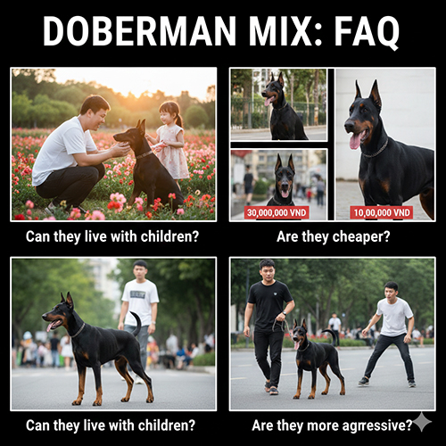 Tổng hợp hình ảnh Doberman lai trong nhiều tình huống: chơi với trẻ nhỏ, dắt đi dạo và minh họa sự khác biệt về giá so với chó thuần.