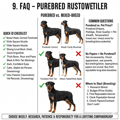 Infographic FAQ về chó Rottweiler thuần chủng: cách nhận biết, phân biệt với chó lai, chênh lệch giá và lưu ý khi chọn giống.