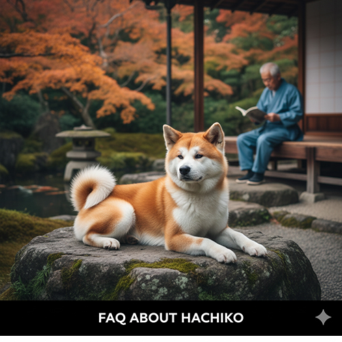 Chó Akita Inu ngồi trên tảng đá trong khu vườn Nhật, minh họa mục FAQ về Hachiko