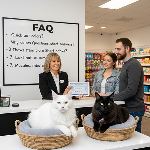 Nhân viên đang tư vấn FAQ về màu lông Maine Coon cho khách, bên cạnh là mèo trắng và mèo đen nằm trong giỏ