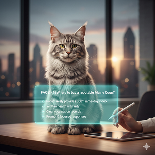 Ảnh minh họa FAQ: nơi mua mèo Maine Coon uy tín với các tiêu chí video 360° cùng ngày, bảo hành văn bản và sổ tiêm rõ ràng.