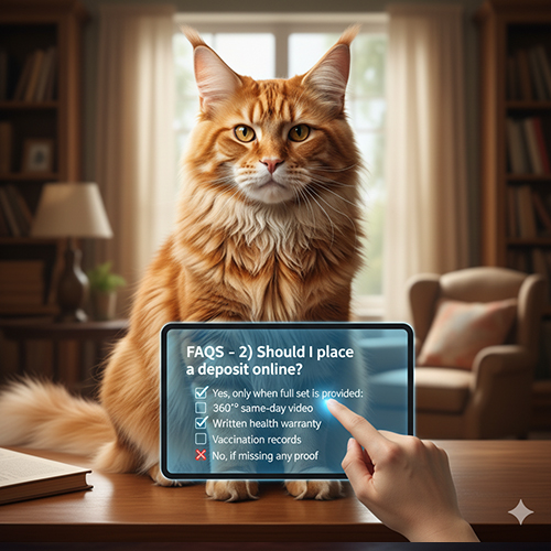 Ảnh minh họa FAQ: có nên đặt cọc online khi mua mèo Maine Coon, kèm checklist video 360°, bảo hành và sổ tiêm.