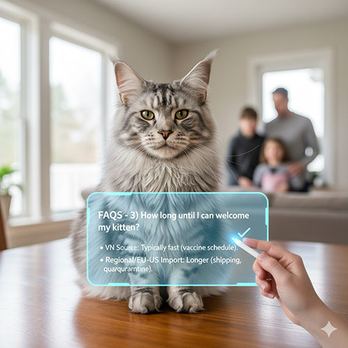 Ảnh minh họa FAQ: thời gian bao lâu để đón mèo Maine Coon tùy theo nguồn VN hay nhập khẩu.