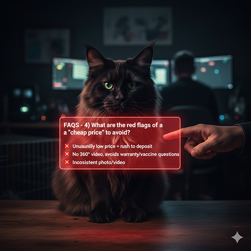 Ảnh minh họa các dấu hiệu “giá rẻ” khi mua mèo Maine Coon như giá quá thấp, không có video 360° và ảnh – video không trùng khớp.