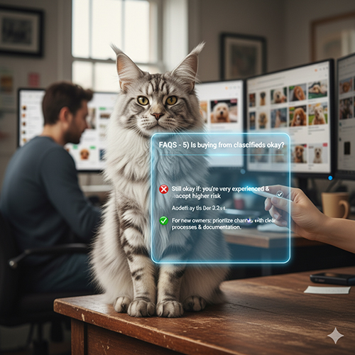 Ảnh minh họa FAQ: mua mèo Maine Coon qua rao vặt có ổn không, nêu rõ rủi ro cao và chỉ phù hợp với người có kinh nghiệm.