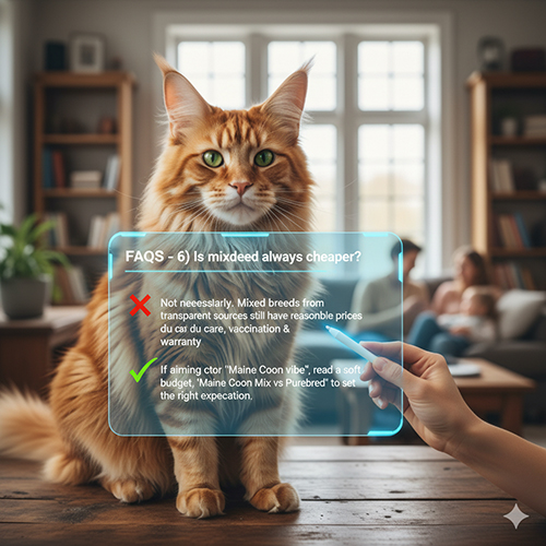 Ảnh minh họa FAQ: giải thích mèo Maine Coon lai không phải lúc nào cũng rẻ và vẫn cần nguồn minh bạch.