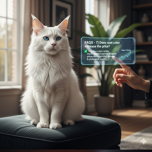 Ảnh minh họa FAQ: màu lông mèo Maine Coon ảnh hưởng giá, đặc biệt các màu hiếm như trắng, đen, smoke, silver.