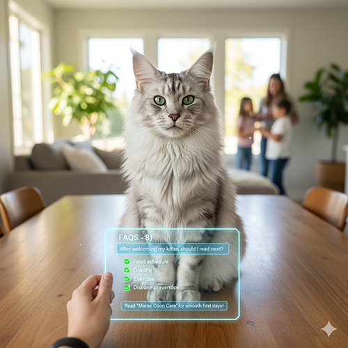 Ảnh minh họa FAQ: nội dung cần đọc sau khi đón mèo Maine Coon gồm lịch ăn, grooming, vận động và phòng bệnh.